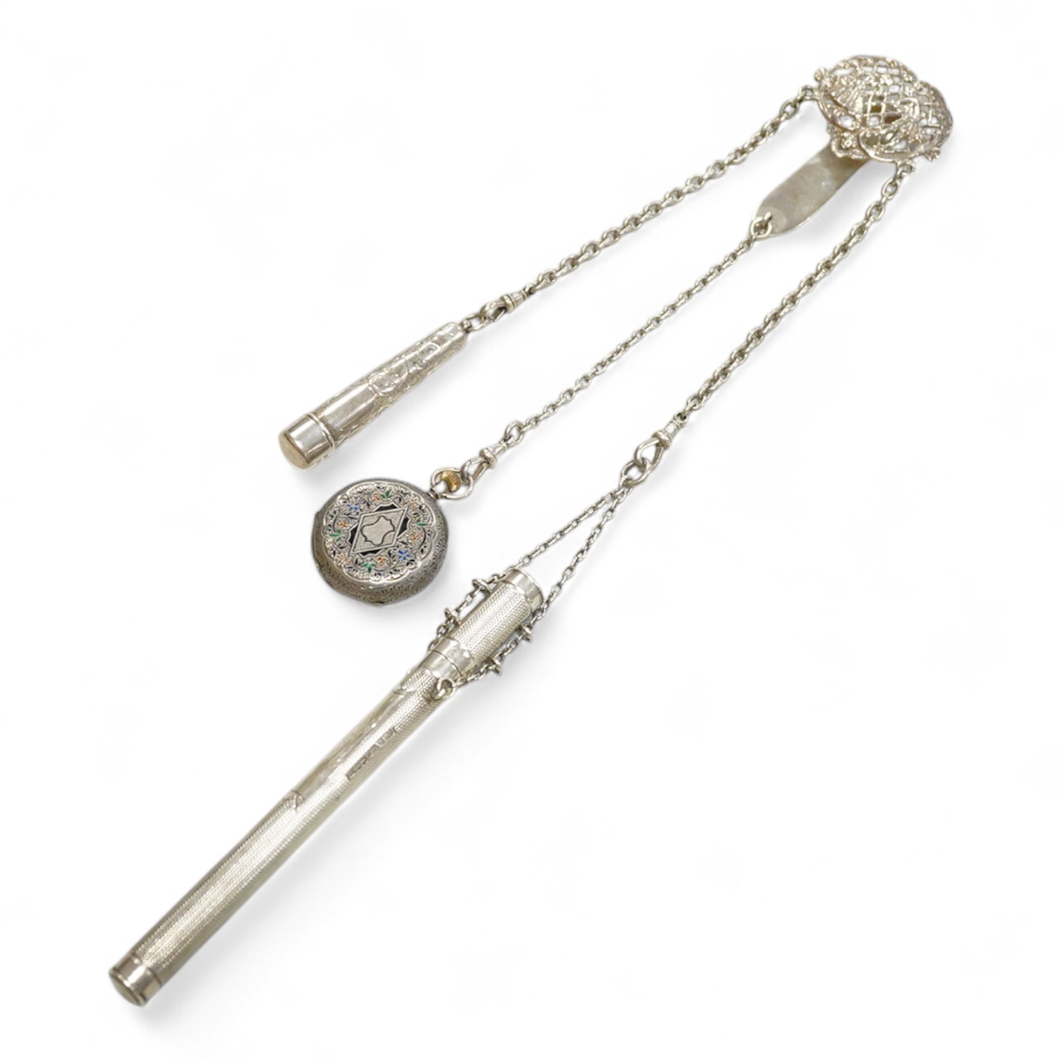 An Edwardian pierced silver chatelaine, by Samuel Jacob, London, 1902, with three accoutrements to include two silver cases and a enamelled fob watch, overall length 34cm.